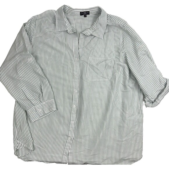 Velvet Heart Green Oxford Stripe Beach Shirt Tunic Roll-Tab Soft Casual Plus 3X - Picture 1 of 15